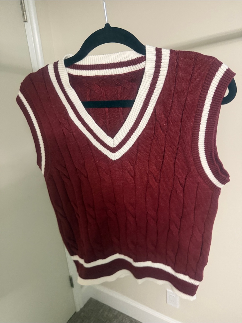 Cable-Knit V-Neck Sweater Vest in Burgundy with White Trim